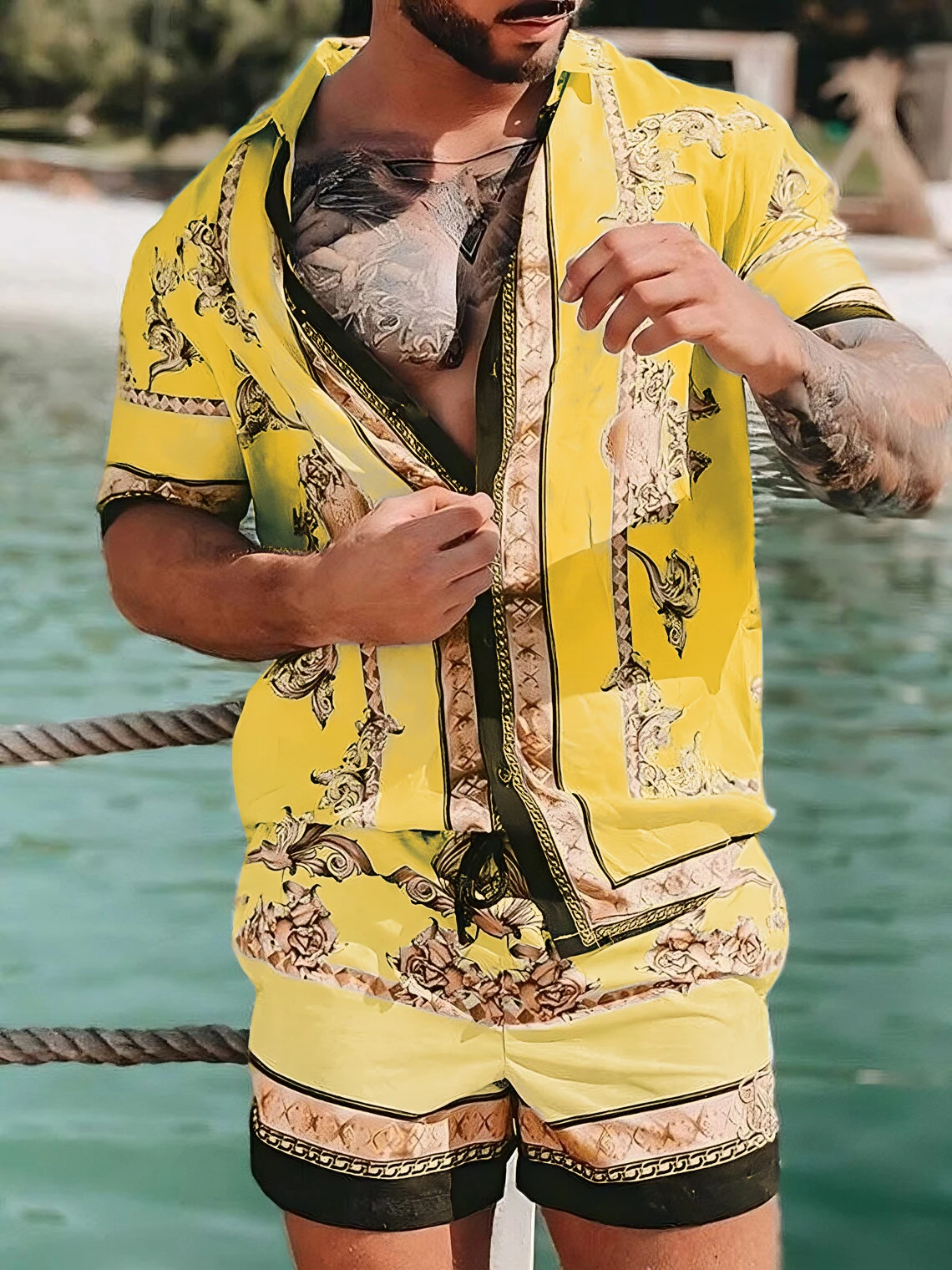 New Men Hawaiian Sets Summer Golden horse Printing Beach Short Sleeve Shirt Shorts Casual Trip Mens 2 Piece Suit S-3XL