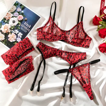 Mesh Leopard Print Lingerie Four Pieces Set 1