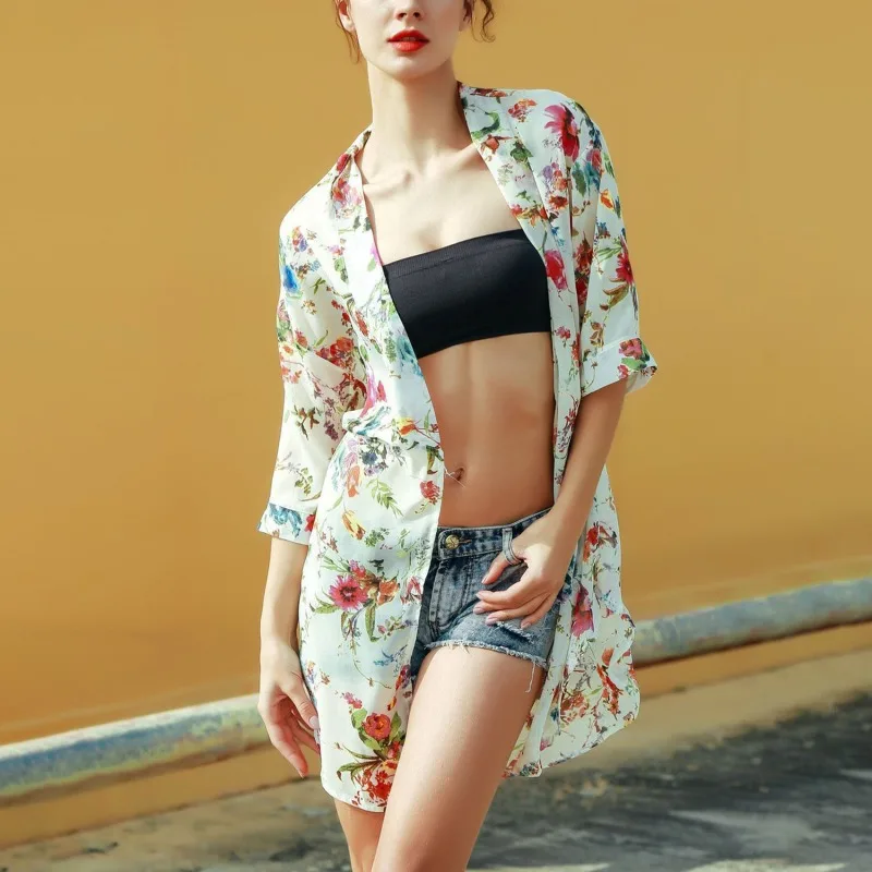 

Женское повседневное кимоно, кардиган, женское длинное шифоновое кимоно с вязаным крючком, черная Свободная блузка с цветочным принтом, топы, лето 2023