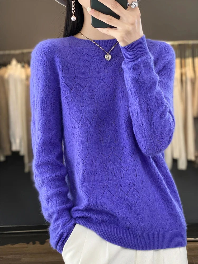 

Autumn Winter 100% Merino Wool Pullover Sweater For Women Hollow O-neck Cashmere Knitwear Female Clothing Korean Fashion Tops