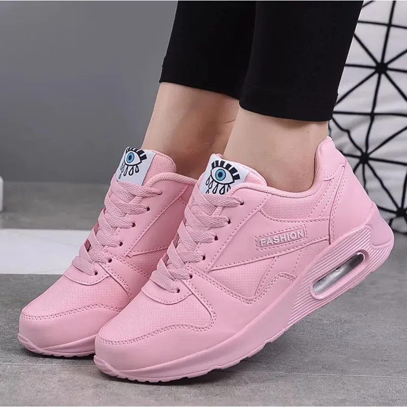 Fashion White Women Sneakers Air Cushion Sports Shoes PU Leather Shoes Black Pink Outdoor Walking Jogging Shoes Female Trainers