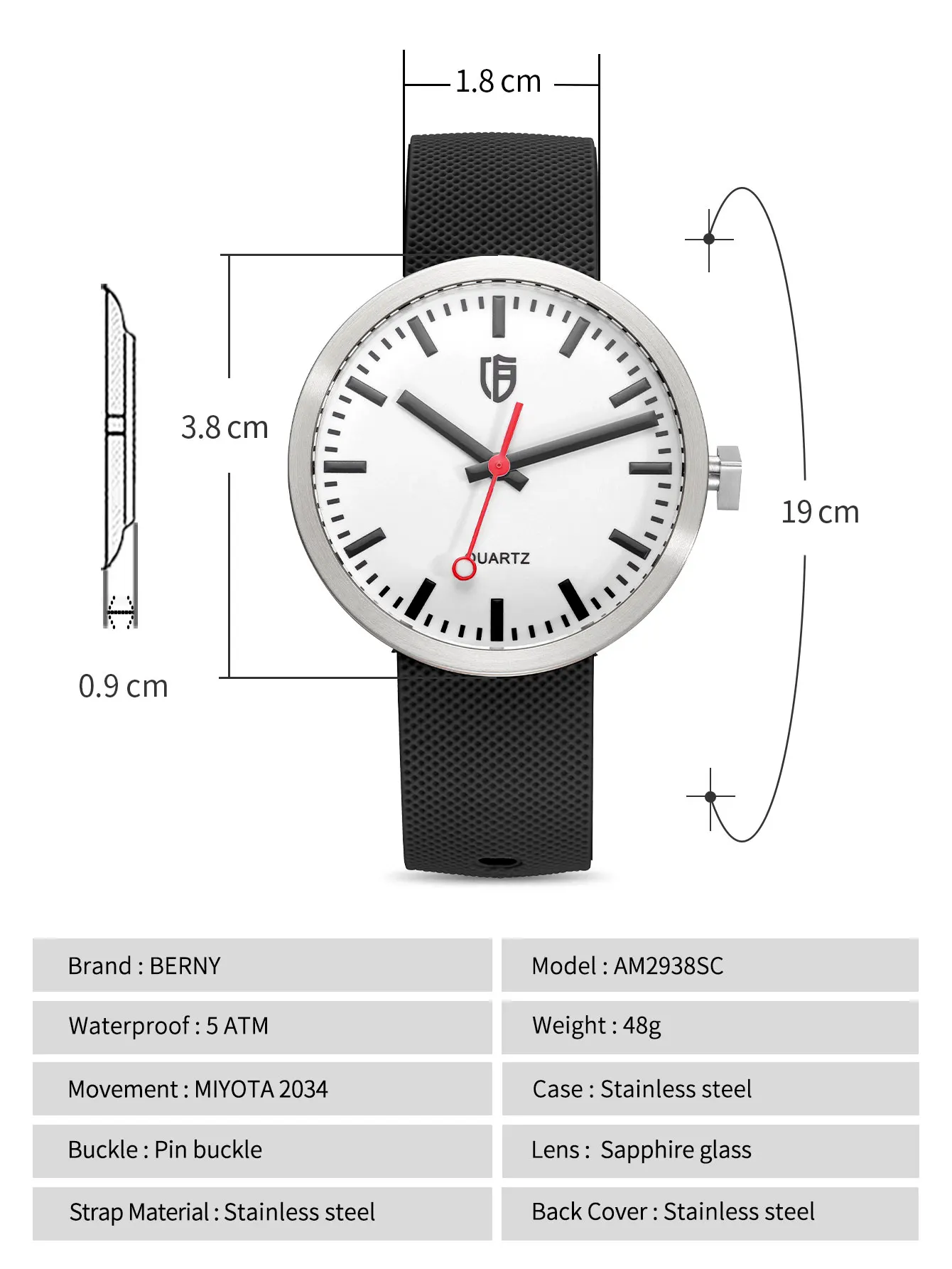 BERNY Watch for Men/Ladies 38mm Luminous Dial Sports Quartz Wristwatch Sapphire 5ATM Waterproof Silicone Railway Watches