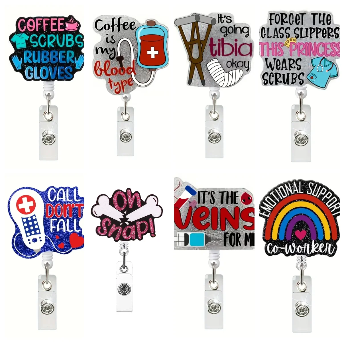 1 Piece Glitter Retractable Nurse Badge Reel Anime Coffee Blood Bag Rainbow Doctor ID Card Holder Keychains Lanyard