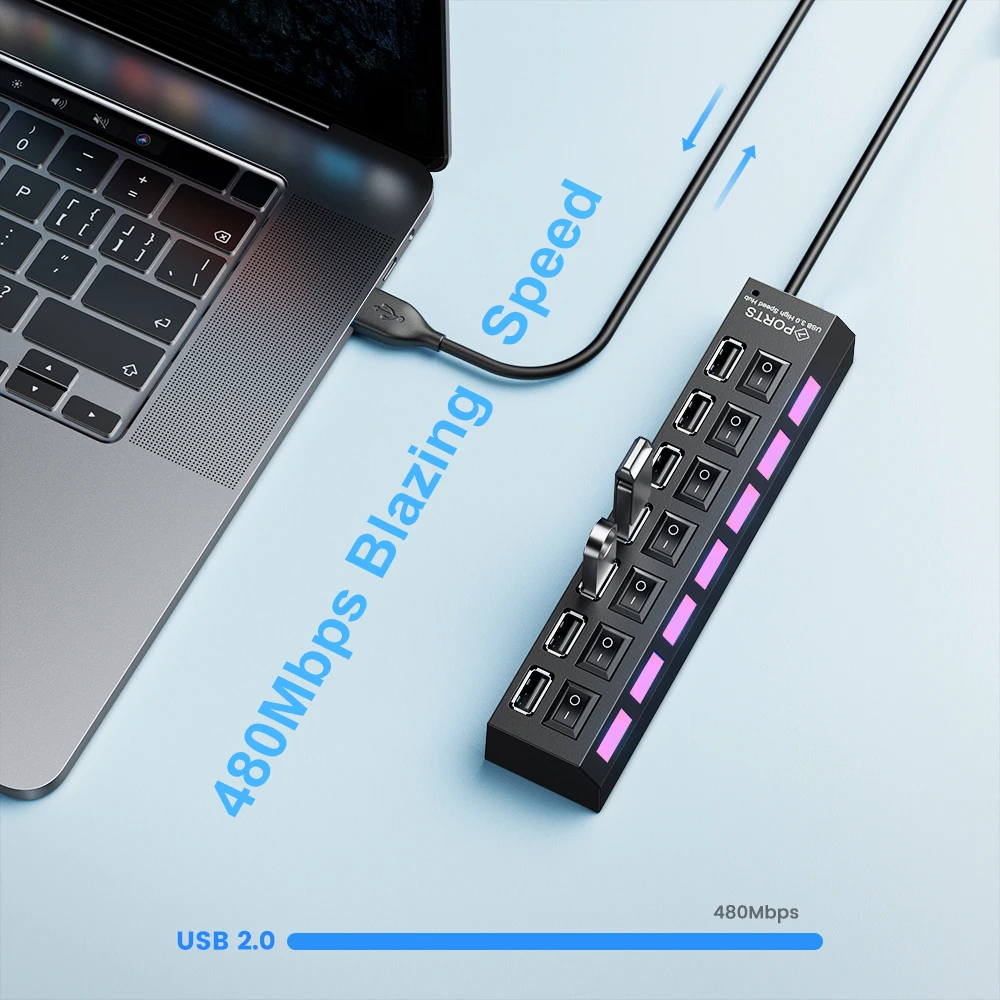USB 2.0 Hub Multi USB Splitter Ports Hub Use Power Adapter 4/ 7 Port Multiple Expander Hub with Switch 45CM Cable For Home 6