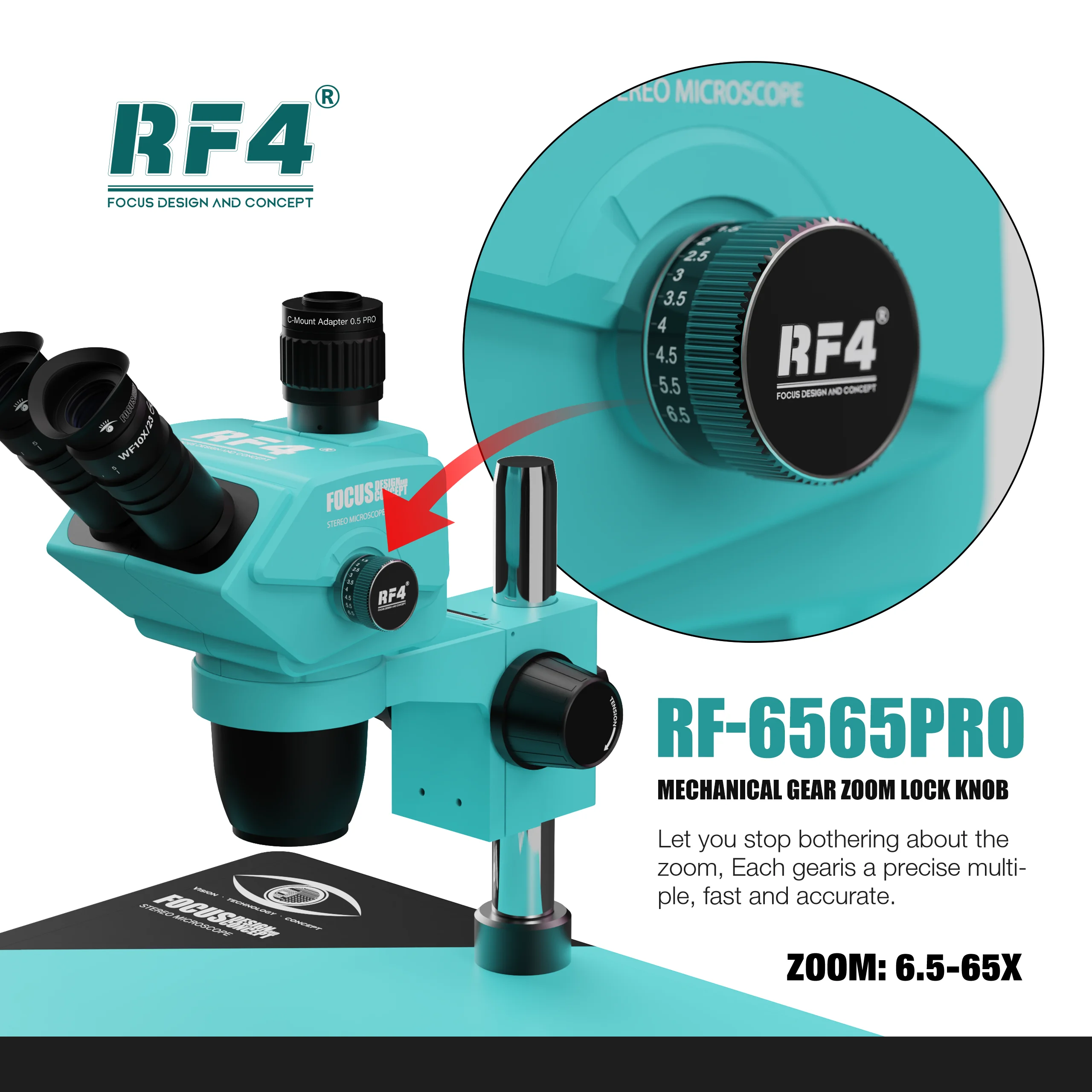 RF-6565PRO HD Trinocular Stereo Microscope Nine-speed Zoom Lock