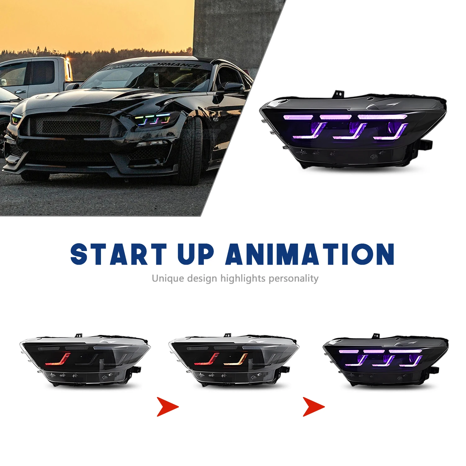 포드 머스탱 2015-2017 GT LED 전조등 어셈블리 스타트업 애니메이션 RGB 주간 주행등 프로젝터