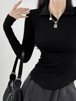 Zipper Polo Neck T Shirt for Women Plain Slim Spring Autumn Korean Clothing Woman Tshirt Luxury with Collar Synthetic Original - Image 5