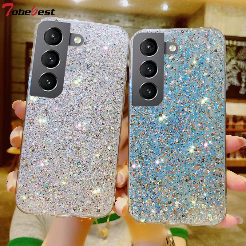 Custodia posteriore morbida in silicone lucido glitterato per Samsung Galaxy S22 S21 Plus Note 20, ultra sottile, lamina dorata e argentata_voghion.com