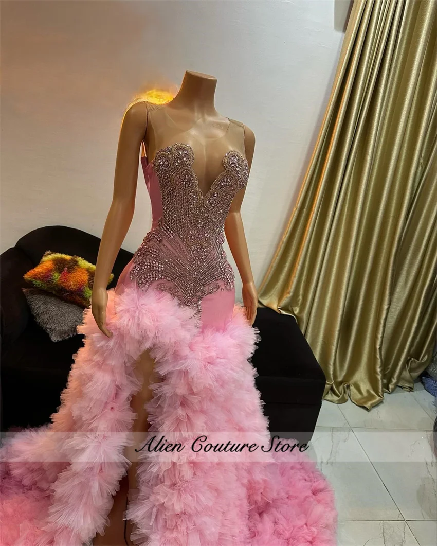Glitter Diamonds Long Pink Prom Dress Black Girls Beads Crystals Gown Birthday Party Wedding Reception Customized