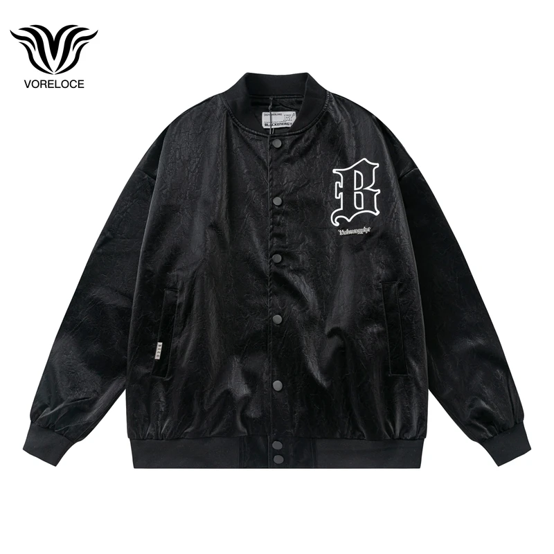

2022 autumn brand Harajuku high street letter pattern trend men and women hip-hop fashion stand collar loose PU leather jacket