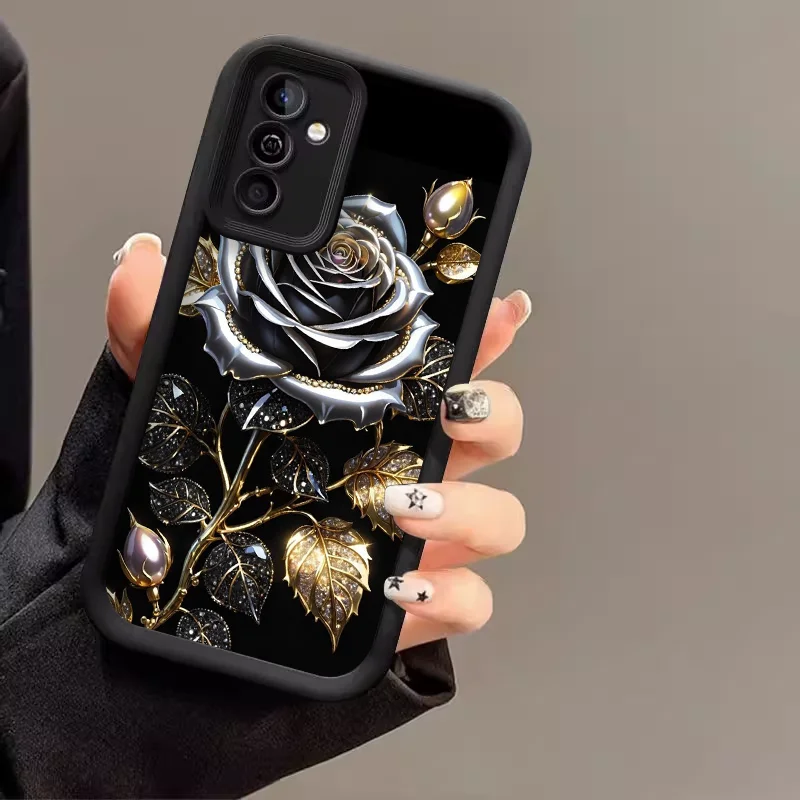 Elegant Black Gold Rose Flower Silicone Phone Case - Soft Cover Skin