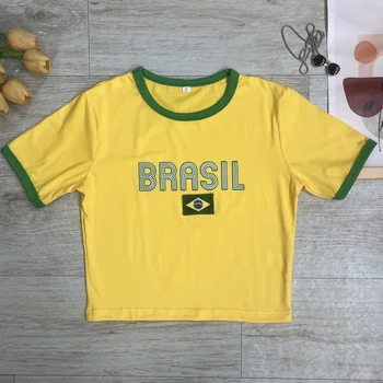 Y2k T-shirt gialla da donna ricamo Brasile alfabeto stampa T-shirt per bambini 2023 estetica moda crop top Harajuku manica corta 1