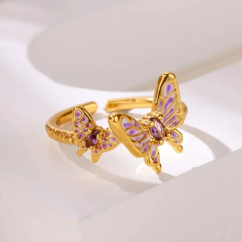 Zircon Butterfly Opening Stainless Steel Rings For Women