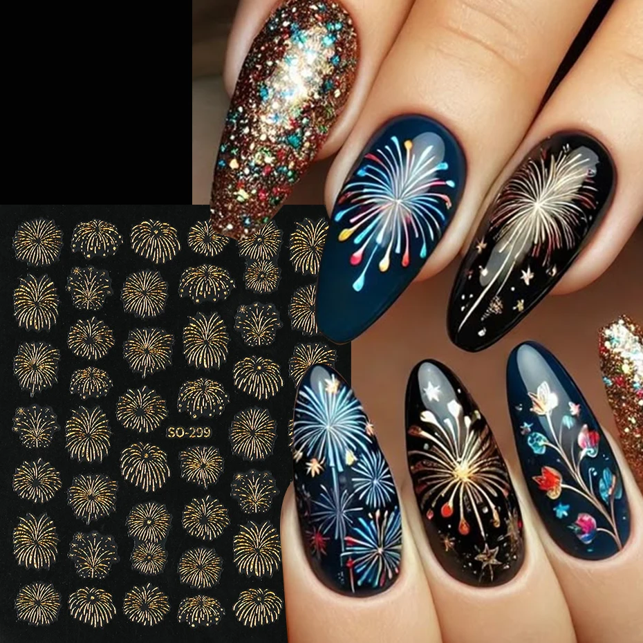 5개입 3D 불꽃놀이 네일 스티커 레이저 로맨틱 블루밍 불꽃놀이 접착 데칼 네일용 새해 DIY 네일 살롱 장식