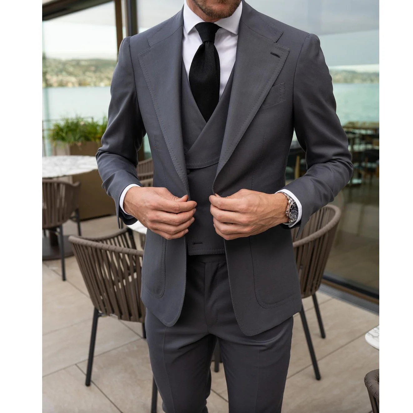 

Dark Grey Suits for Men Blazer Tuxedo Hombres Single Breasted Notched Lapel Regular Outfits Wedding 3 Piece Jacket Pants Vest