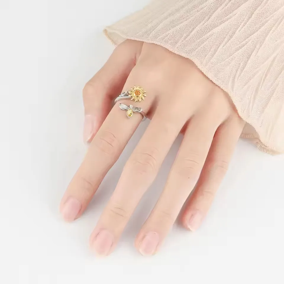 Anti-Stress-Spinner-Ring für Frauen, Drehbares Blumen-Bienen-Design, Verstellbarer Zirkon-Modeschmuck – Detail 6