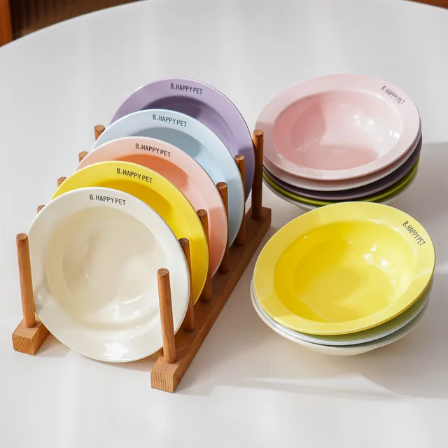 Cat Food Bowl with Wood Holder Stand Flower Shaped Ceramic Food Dish Water Bowl Cat Feeding Drinking Plates Multi Color 5