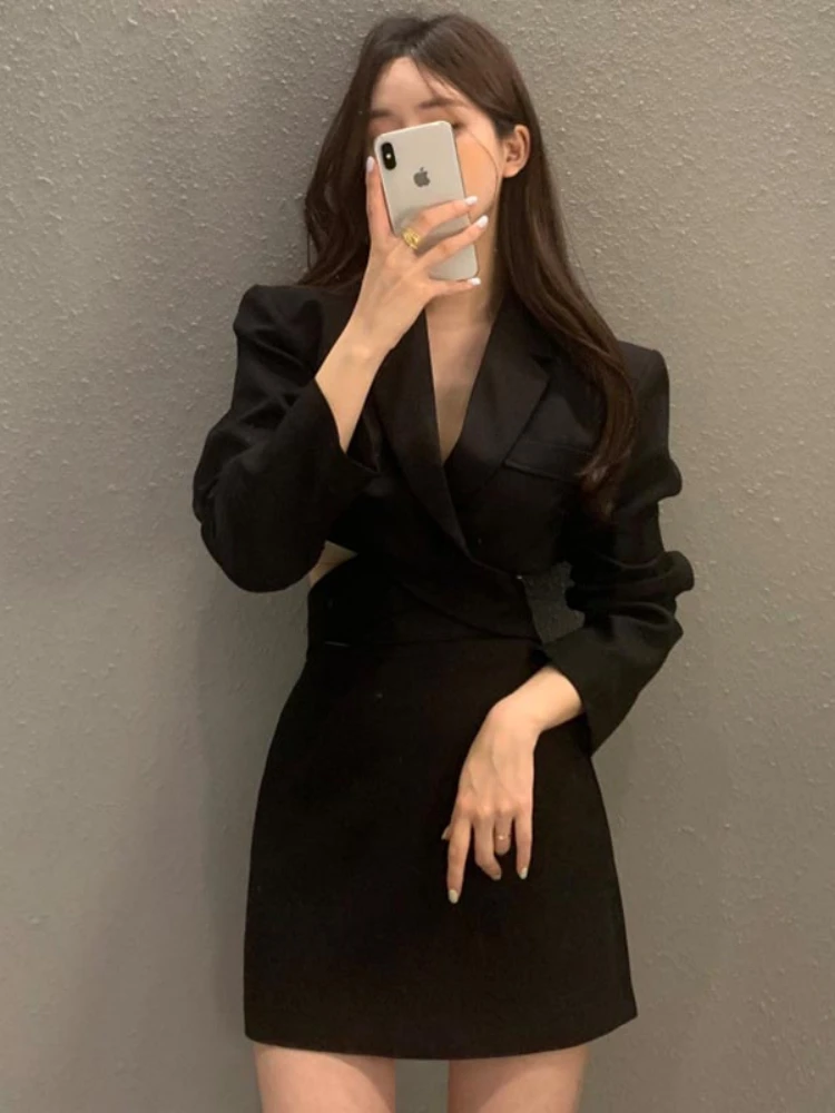 Jacket Skirt Two Piece Sets Long Sleeve V-neck Coat Suit Autumn 2021 Mini Skirts Korean Office 2pc Set Elegant Black Suit