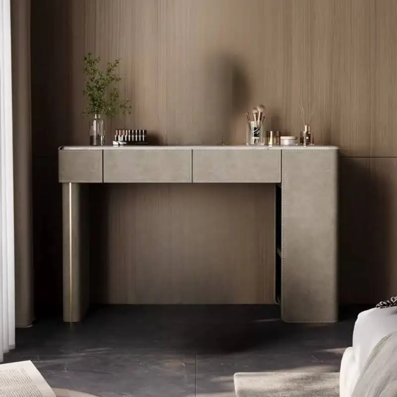 Minimalistischer hellgrauer Schminktisch aus natürlichem Samt und Holz mit Spiegel, Schminktisch mit Stauraum, moderne Coiffeuse Chambre-Möbel für Zuhause