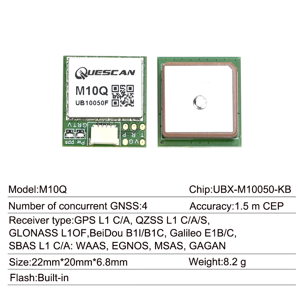 Module GPS M10Q GNSS L1 u-blox avec Flash et 25Hz, connecté à une carte de vol, boussole intégrée.