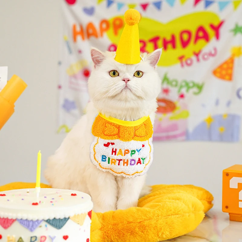 1Set Pet Birthday Party Burp Cloth With Adjustable Sweet Outfit Felt Cap Pink Yellow Purple Blue Cat Dog Puppy Dress Up Supplies