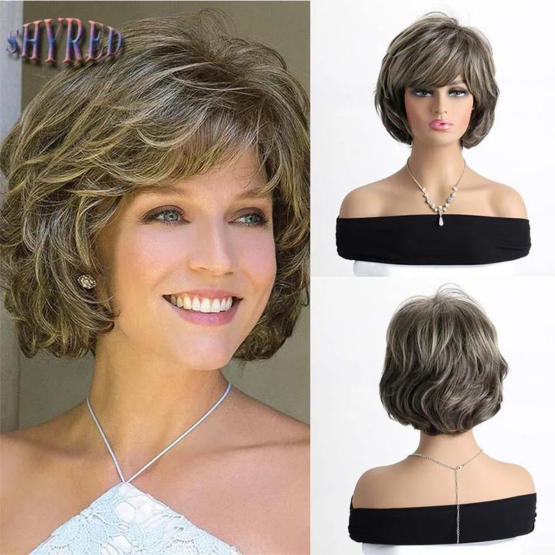 Short  Pixie Cut Brown Mixed Light Gold Curly Wigs With Bangs Synthetic Wigs for Women Daily Wear Heat Resistant 10 inch wireless bt keyboard ultra thin rechargeable bt keyboard three system compatible mixed light effect white