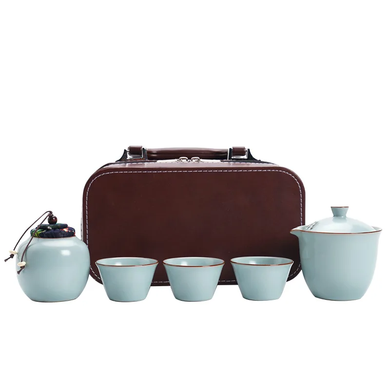 Ru Kiln Travel Tea Set Portable Outdoor Teaware One Pot Three Cups Suit Tea Ceremony Supplies Home Beauty Infuser