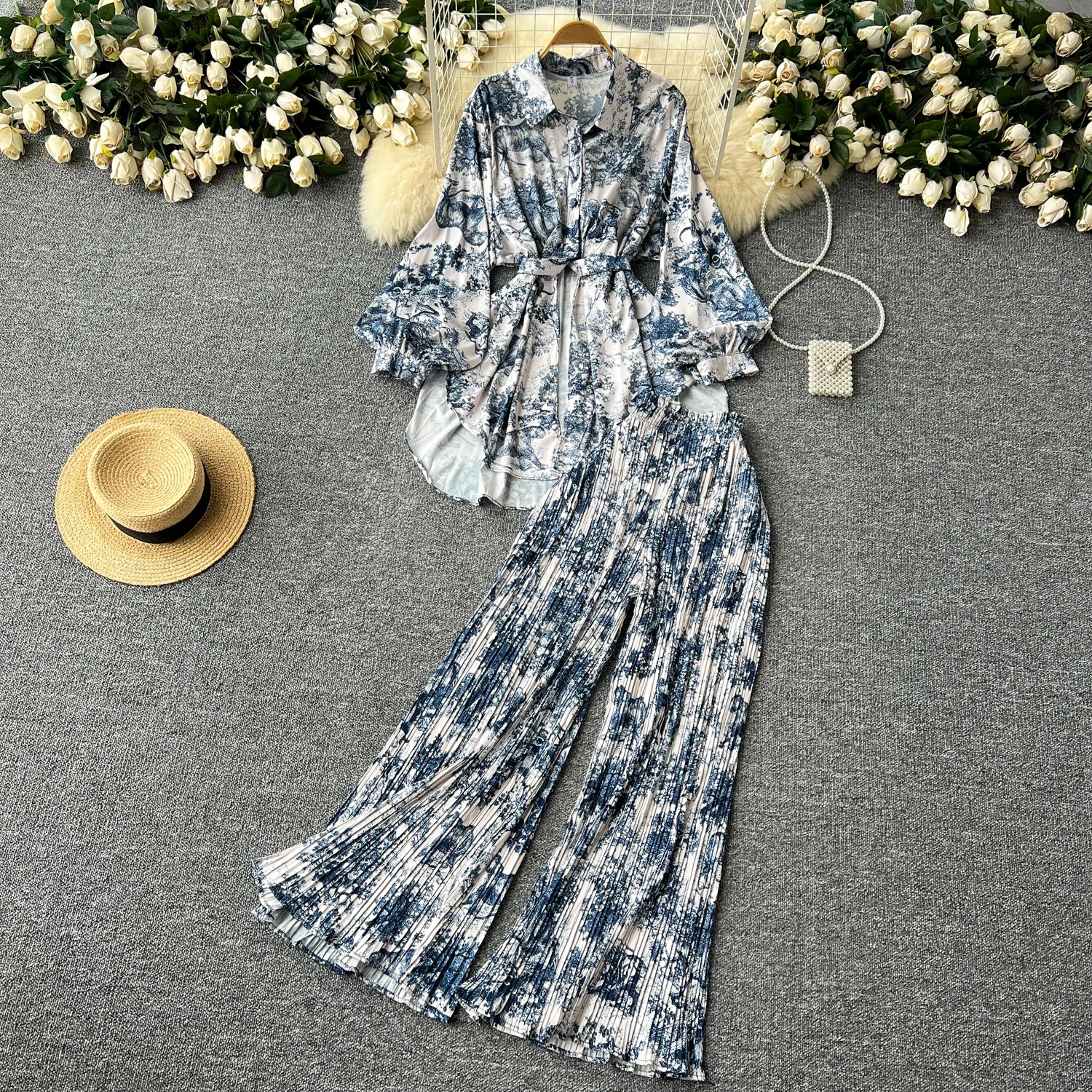 Clothland Women Vintage Print Blouse Pants Suit Loose Long Sleeve Belt Long Shirt Wide Leg Trousers Fashion Two Piece Set TA467