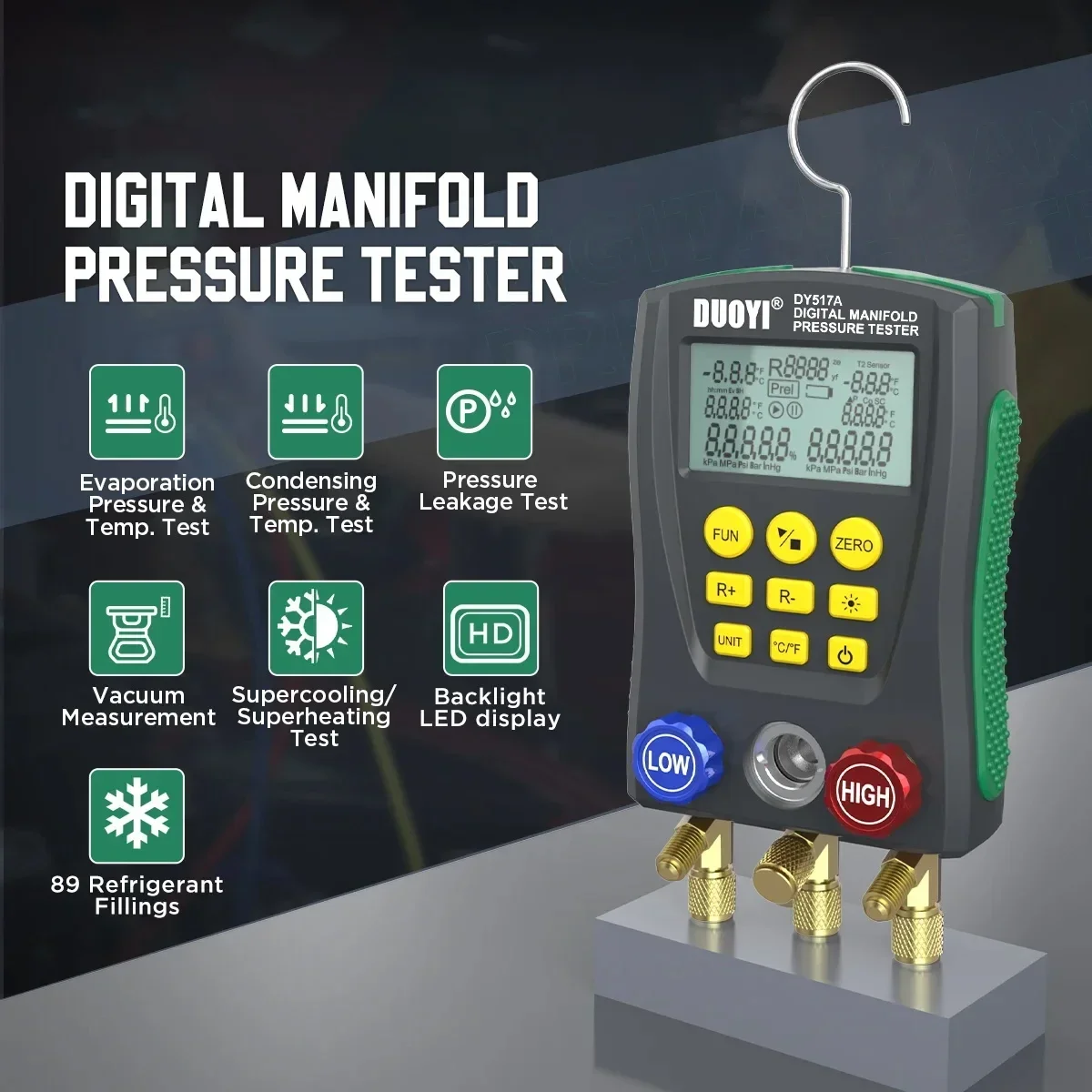 Refrigeration Pressure Tester DY517 Pressure Gauge Refrigeration Digital Vacuum Pressure Manifold Tester Air Conditioning Temperature Tester Valves Tool Kit