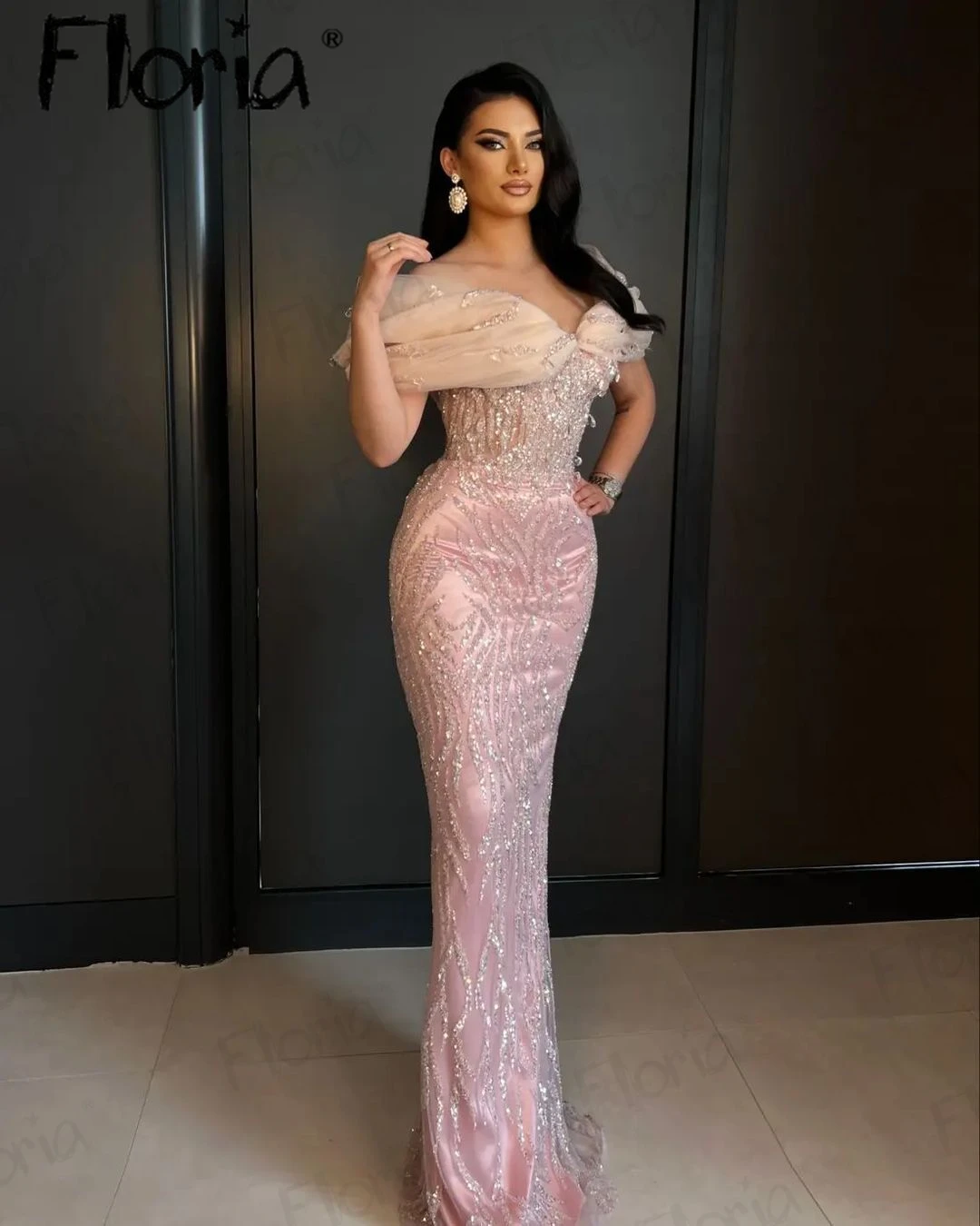 Baby Pink Sequin Gown Floria Baby Pink Birthday Dress Off Shoulder Mermaid  Graduation