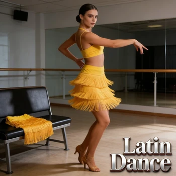 Gonna Nera con Frange per Danza Latina, Abbigliamento da Allenamento e Performance per Donne, Gonna Corta da Ballo