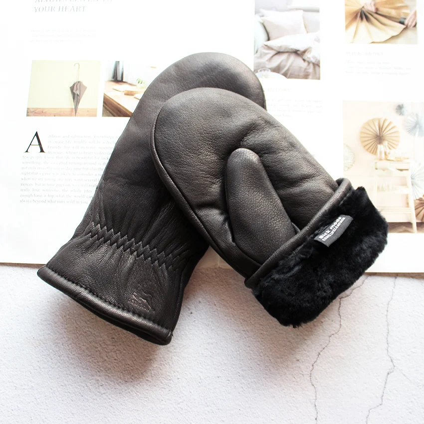 Winter Thickened Warm Deer Skin Mittens for Women's Windproof and Coldproof Sheepskin Fur Lining Driving Leather Gloves