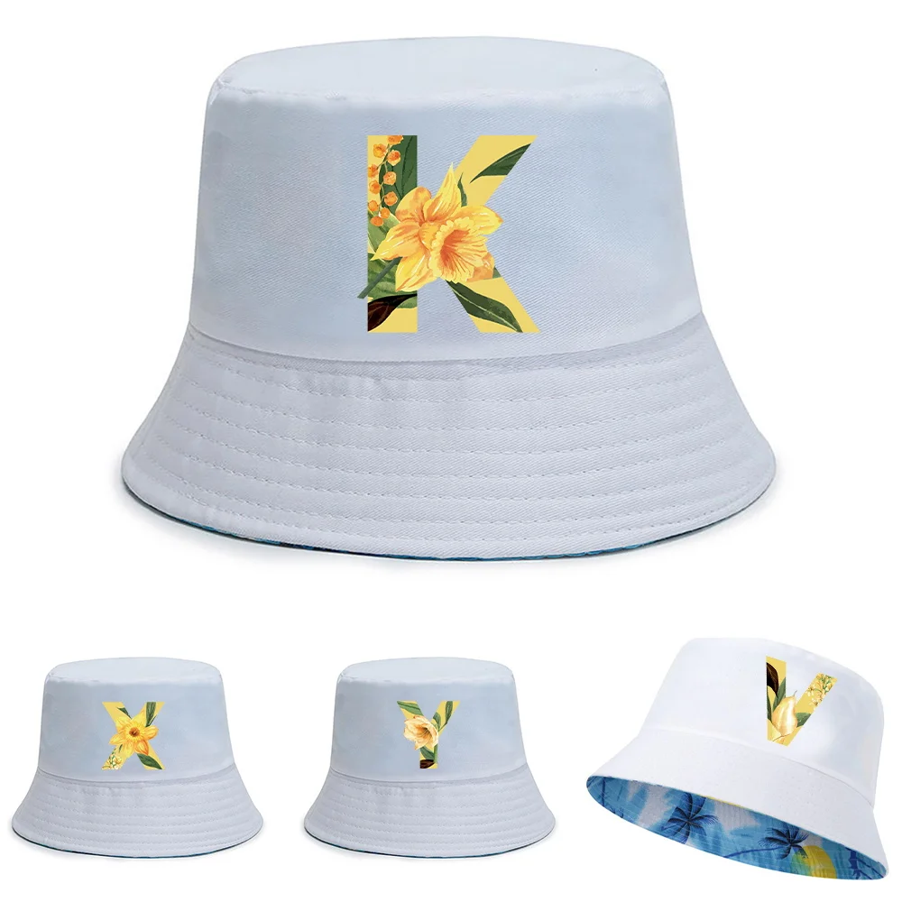 

Unisex Double-sided Bucket Hats Summer UV-proof Visors Cap Pure Cotton Beach Hat Floral Letter Print Fisherman Caps Fishing Hat