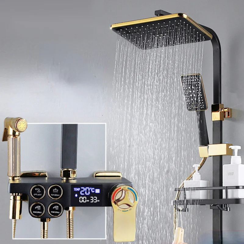 Smart Black Gold Shower Set Thermostatic Full Copper Bathroom Button Pressurized Head
