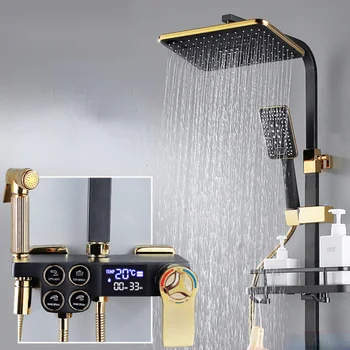 สมาร์ทสีดำทองชุดฝักบัวอาบน้ำ Thermostatic ทองแดงเต็มรูปแบบห้องน้ำปุ่มแรงดันสูงหัว 2