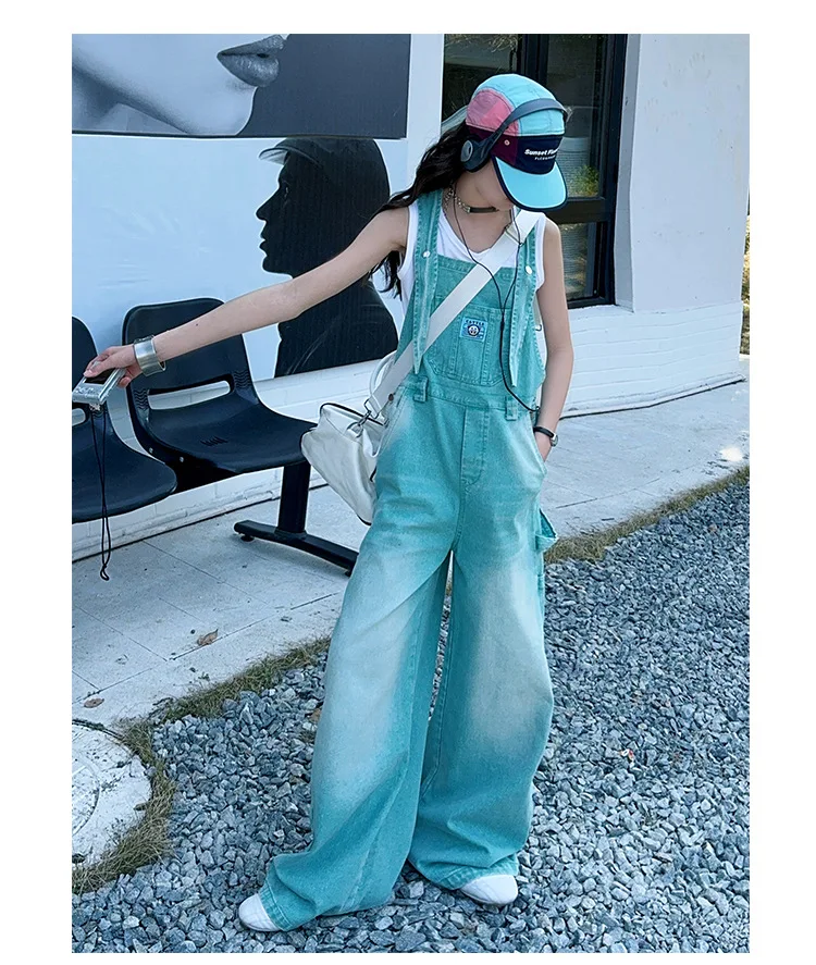 summer teen girls water washed punk wide leg jumpsuit junior kids loose slimming casual Cowboy overalls 4-14 child ropa trousers