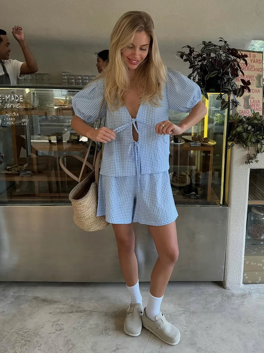 Bornladies Women's Plaid Shirt Short Sleeve Set Elegant Puff Sleeve Lace-Up Shorts Two-Piece Outfit Summer New