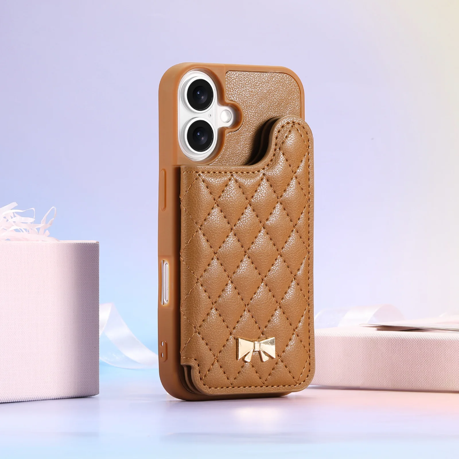 Grid Pattern Leather Phone Case with Built-in Mirror and Card Pocket Wallet Cover