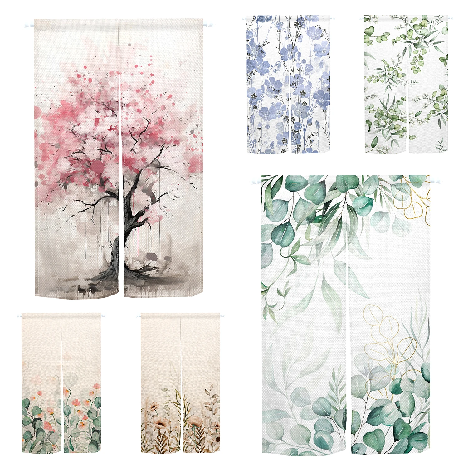 

Spring Flower Japanese Door Curtain Noren Green Plant Leaf Curtain Kitchen Room Cafe Door Decor Linen Half Curtains Partition