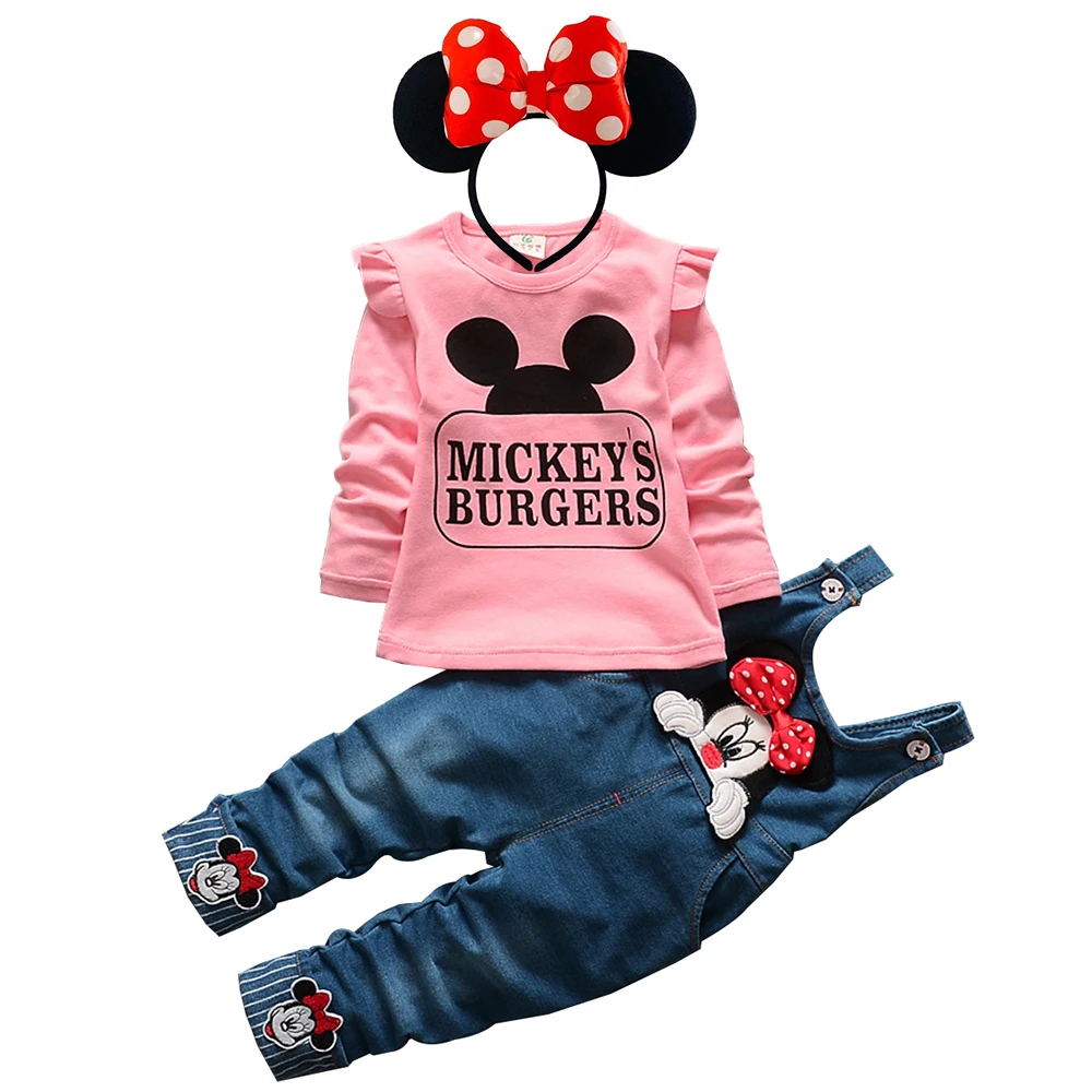 thumbnail image 1 of Conjunto de 2 piezas de Minnie Mouse de Disney para niños y niñas, ropa de manga larga con bordado 3D de dibujos animados, mono bonito para otoño, 1 of 5