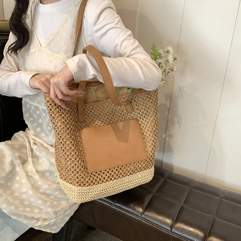 Summer Women's Tote Bags PU Leather Purses for Women Raffia Woven Crochet Large Shopping Bag Ladies Straw Shoulder Handbags 2024