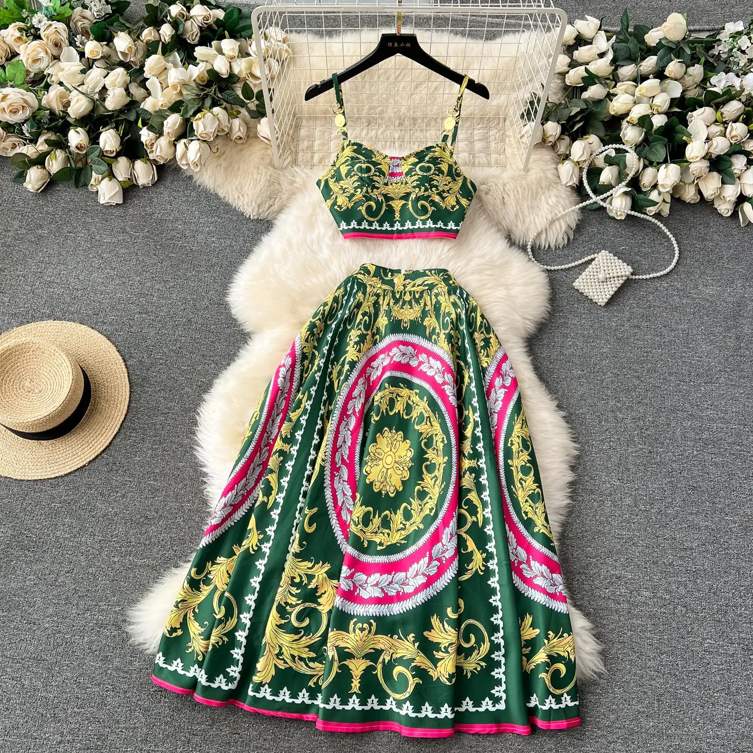 Summer Runway Holiday Outfits Women's Short Spaghetti Strap Metal buckle Crop Tops＋Long Maxi Skirt Vacation 2 Pieces Set