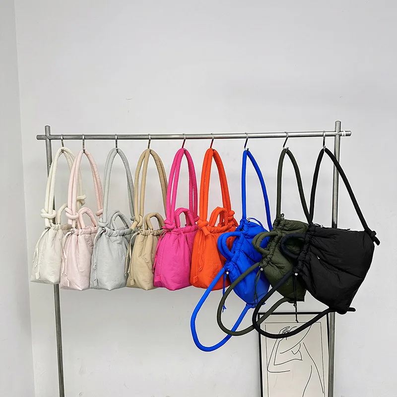 Women Handbags Large Capacity Puffer Tote Bag Nylon Down Cotton Lightweight Dual-use Shoulder Bags Drawstring Bucket Handbag 2