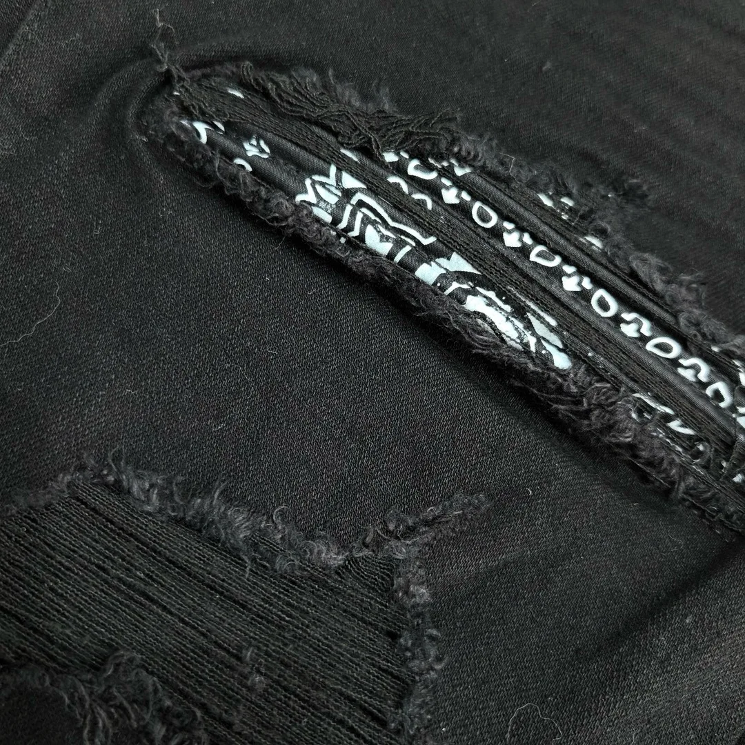 men paisley florals prints leather ribbed patch distressed black jeans 2