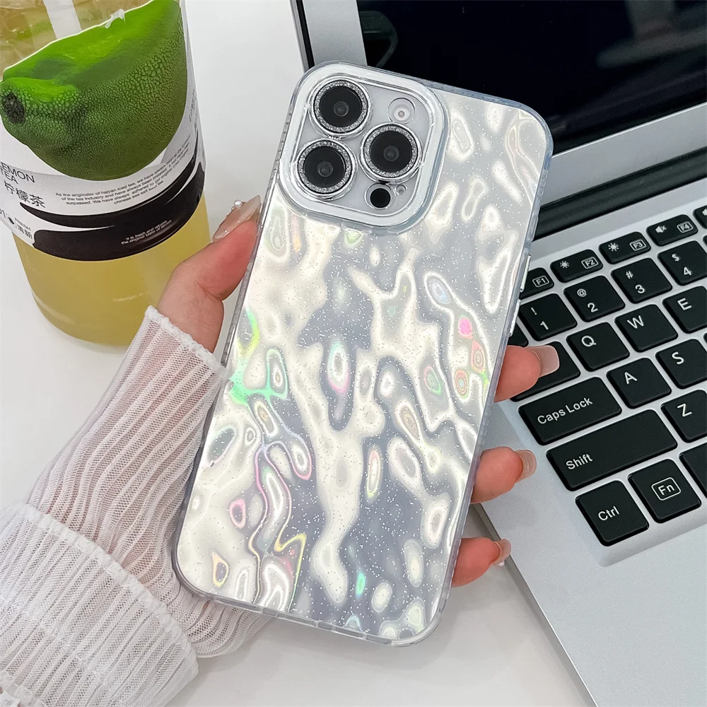 Custodia per telefono con glitter plissettato e increspature dell'acqua abbaglianti per iPhone 16 15 14 13 Pro Max, protezione per obiettivo lucido, antiurto, con retro glitterato_voghion.com