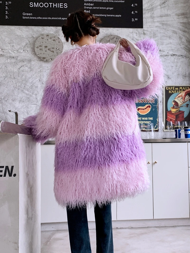 Pink Purple Faux Fur Coat 2023 Winter High-End V-neck Stitching Contrast Color Mongolia Sheep Fur Jacket Mid-Length Warm Clothes