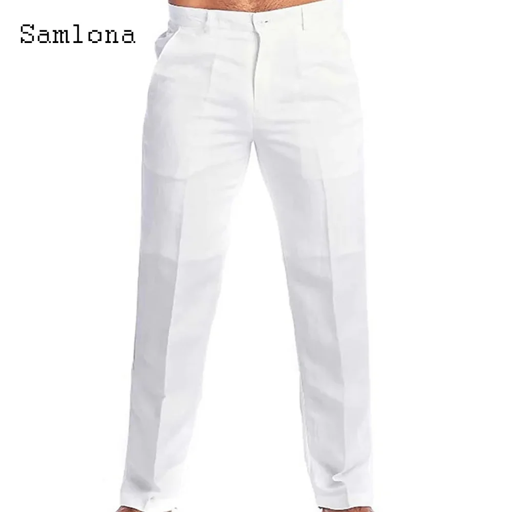 Men Stand Pocket Casual Linen Pants Solid White Gray Trouser Plus Size 3xl
