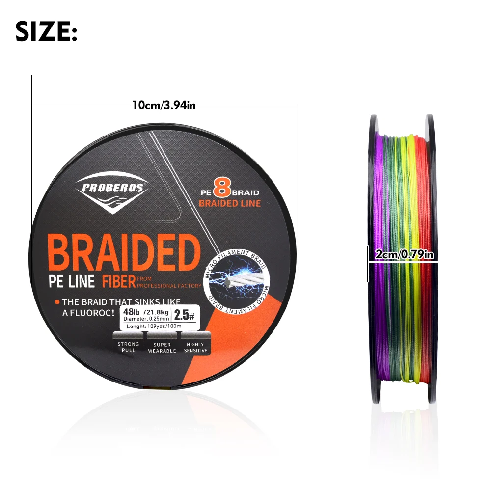 PROBEROS Ultra-Durable Braided Fishing Line - 8 Strands, 100m/109YDS, PE Multifilament Anti-Abrasion