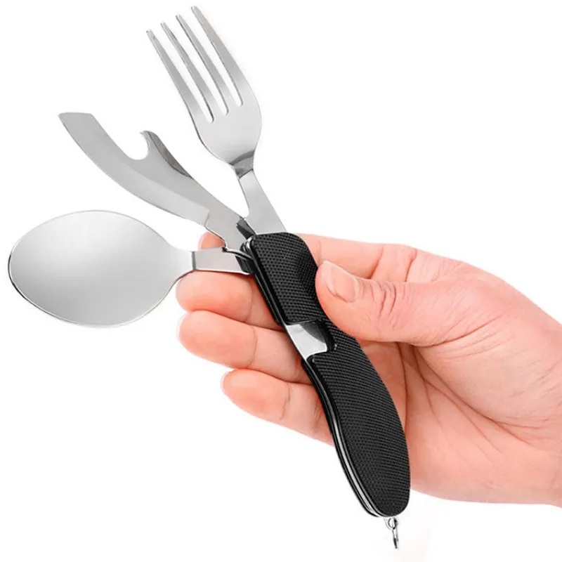 Portable tableware Stainless Steel 4-In-1 Foldable Tablespoon Set Spoon Knife Fork Bottle Opener Folding Pocket Kits Outdoor Tableware Set