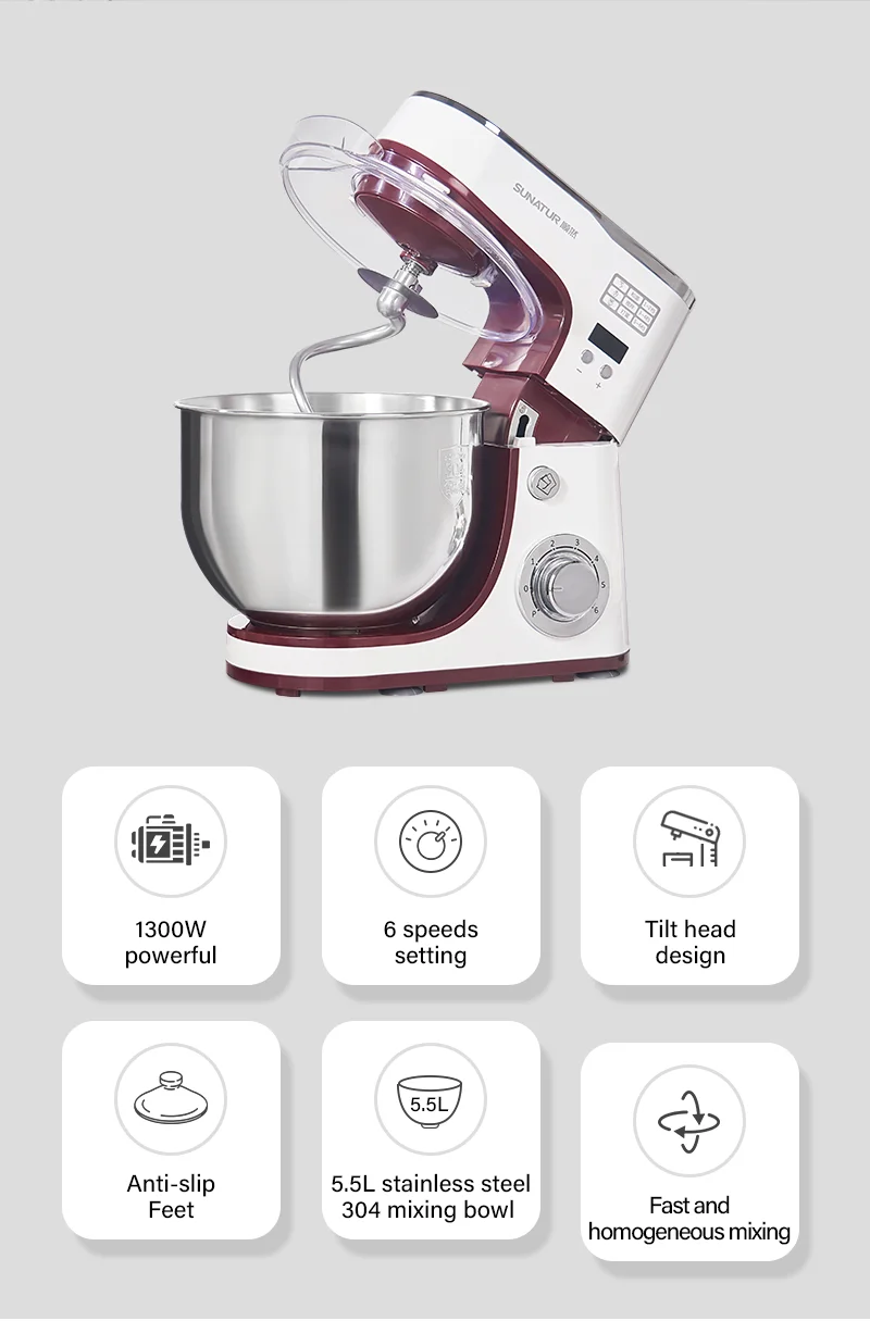 SUNATUR 5.5L Stand Mixer 1300w Planetary food Processor Timed dough kneader electric kitchen blender cream whipper Filling Mixer